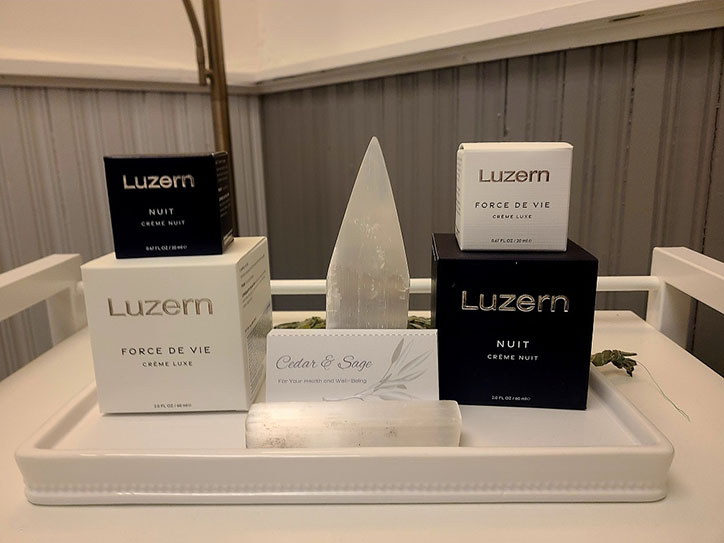 Luczum products arranged neatly in a white tray, showcasing a variety of items for display.